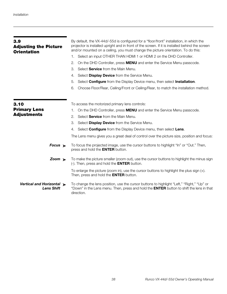 9 adjusting the picture orientation, 10 primary lens adjustments, Focus | Zoom, Vertical and horizontal lens shift, Adjusting the picture orientation, Primary lens adjustments, Pre l iminar y | Runco Video Xtreme VX-55d User Manual | Page 50 / 114