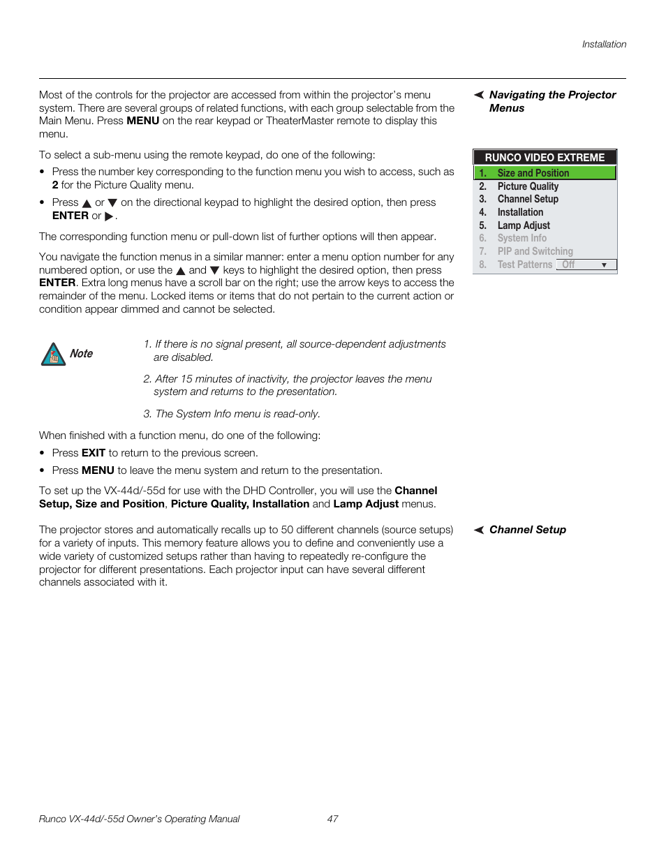 Navigating the projector menus, Channel setup, Pre l iminar y | Runco Video Xtreme VX-55d User Manual | Page 59 / 114