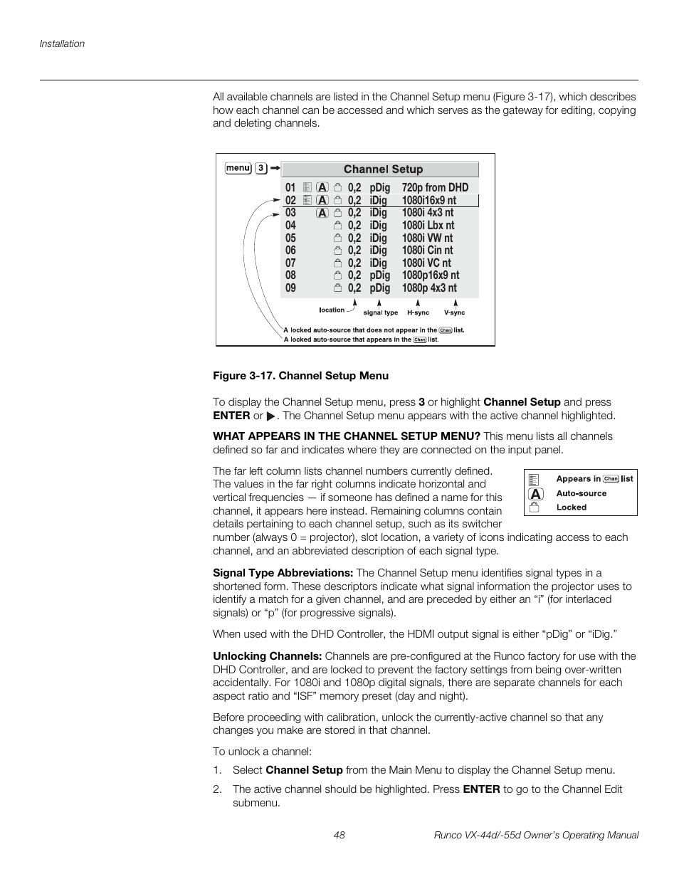Figure 3-17 . channel setup menu, Signal type abbreviations, Unlocking channels | 17. channel setup menu, Pre l iminar y | Runco Video Xtreme VX-55d User Manual | Page 60 / 114