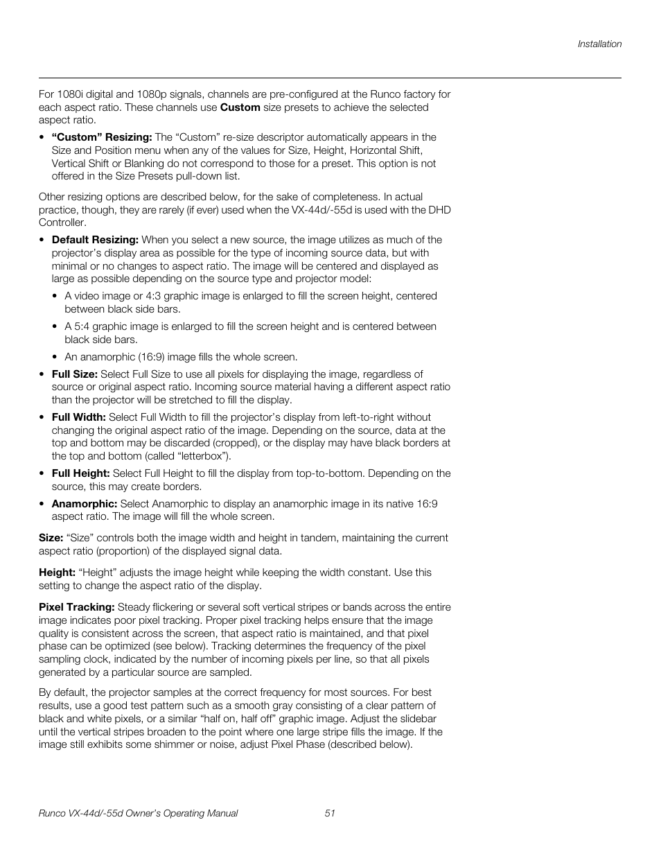 Size, Height, Pixel tracking | Pre l iminar y | Runco Video Xtreme VX-55d User Manual | Page 63 / 114