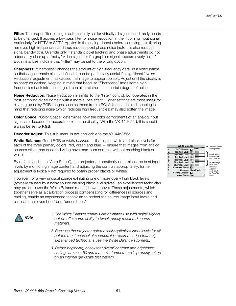 Filter, Sharpness, Noise reduction | Color space, Decoder adjust, White balance, Pre l iminar y | Runco Video Xtreme VX-55d User Manual | Page 65 / 114