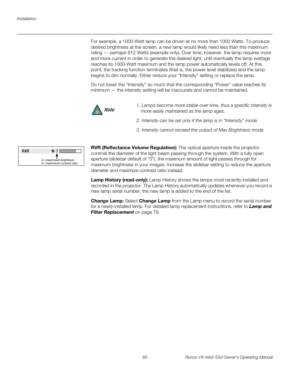 Rvr (reflectance volume regulation), Lamp history (read-only), Change lamp | Pre l iminar y | Runco Video Xtreme VX-55d User Manual | Page 72 / 114