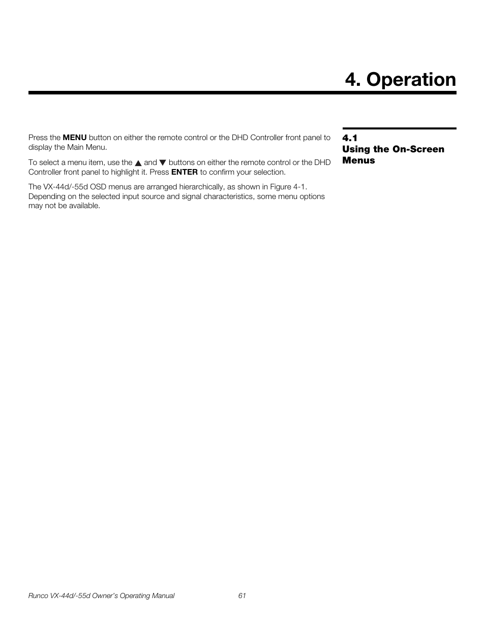 Operation, 1 using the on-screen menus, Using the on-screen menus | Pre l iminar y | Runco Video Xtreme VX-55d User Manual | Page 73 / 114