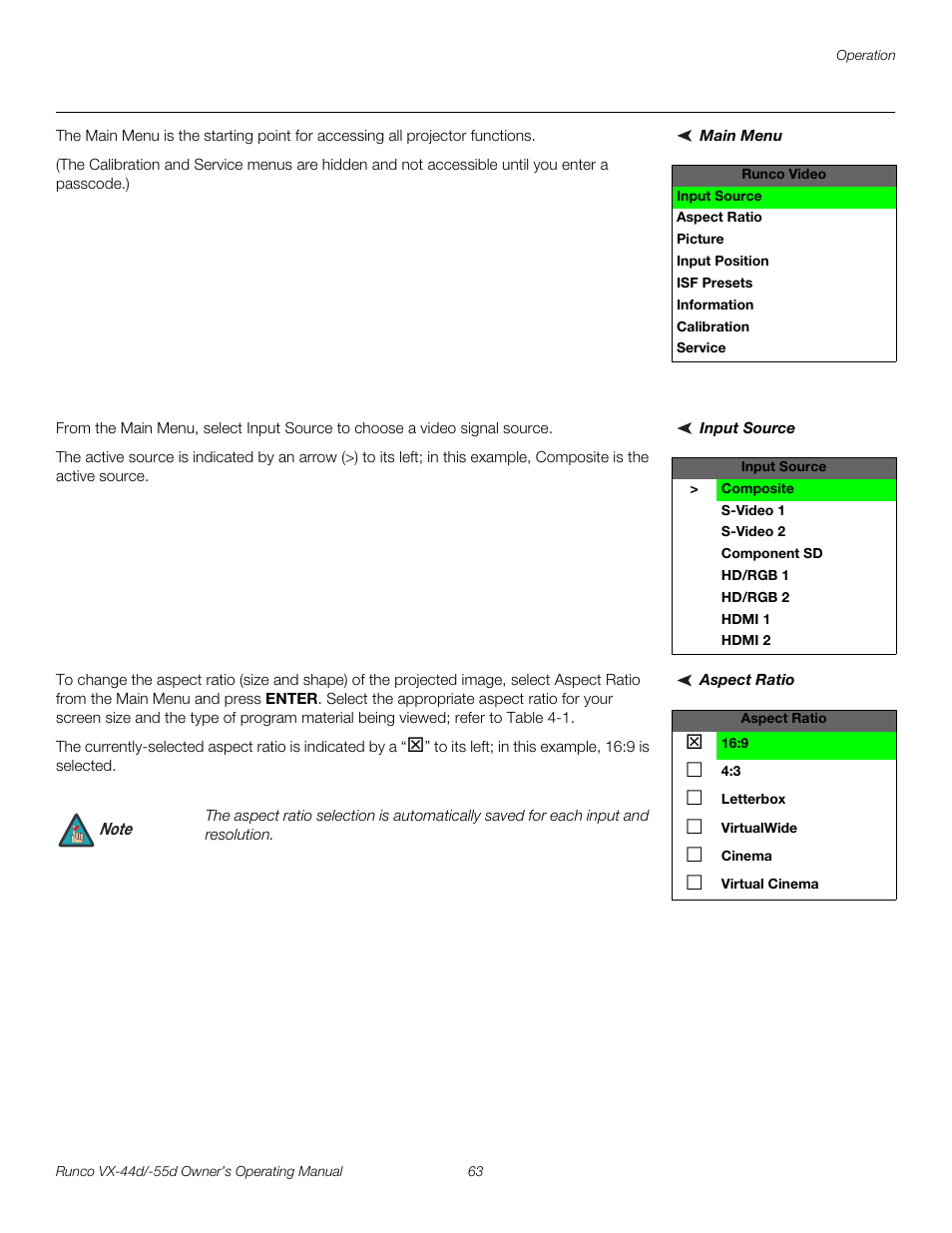 Main menu, Input source, Aspect ratio | Pre l iminar y | Runco Video Xtreme VX-55d User Manual | Page 75 / 114