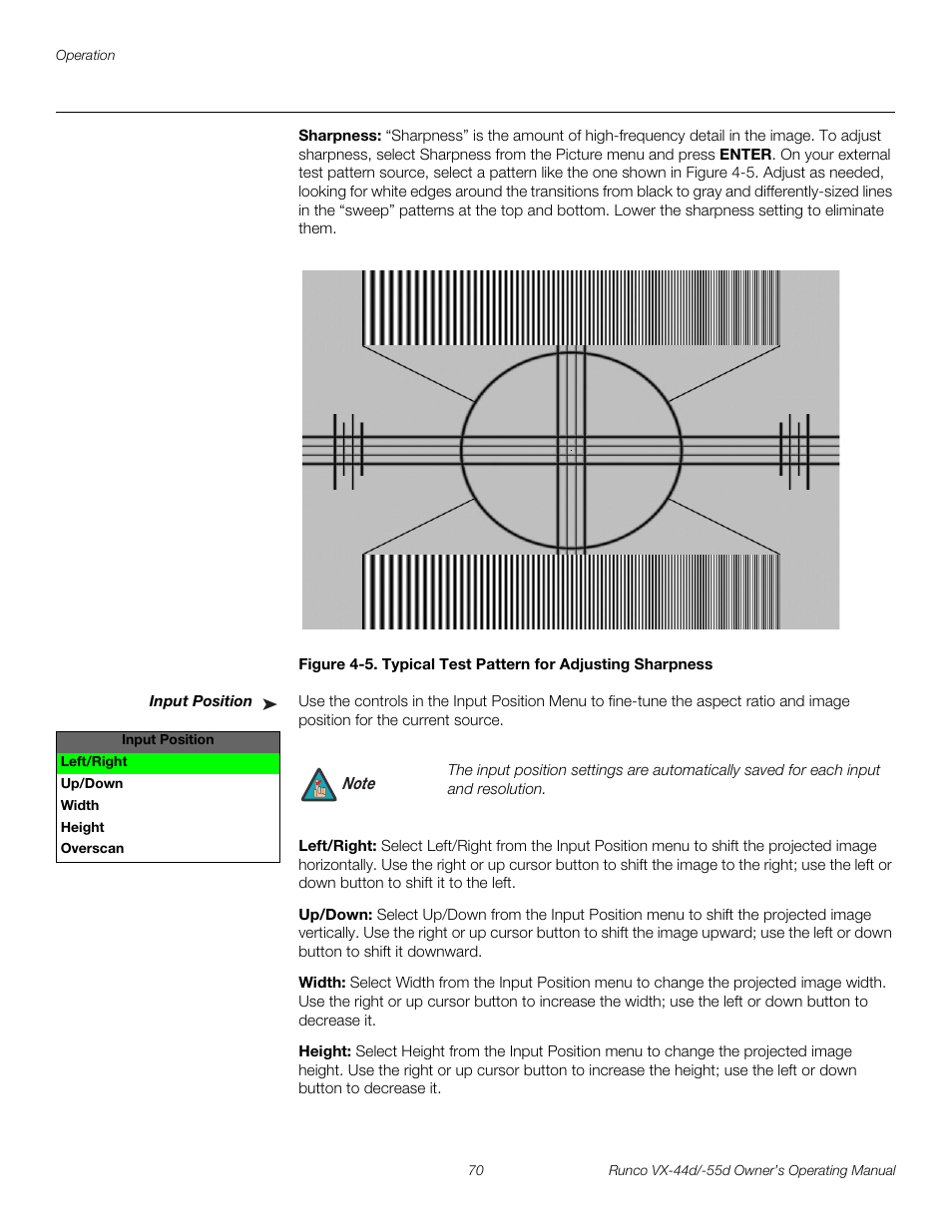 Sharpness, Input position, Left/right | Up/down, Width, Height, 5. typical test pattern for adjusting sharpness, Pre l iminar y | Runco Video Xtreme VX-55d User Manual | Page 82 / 114