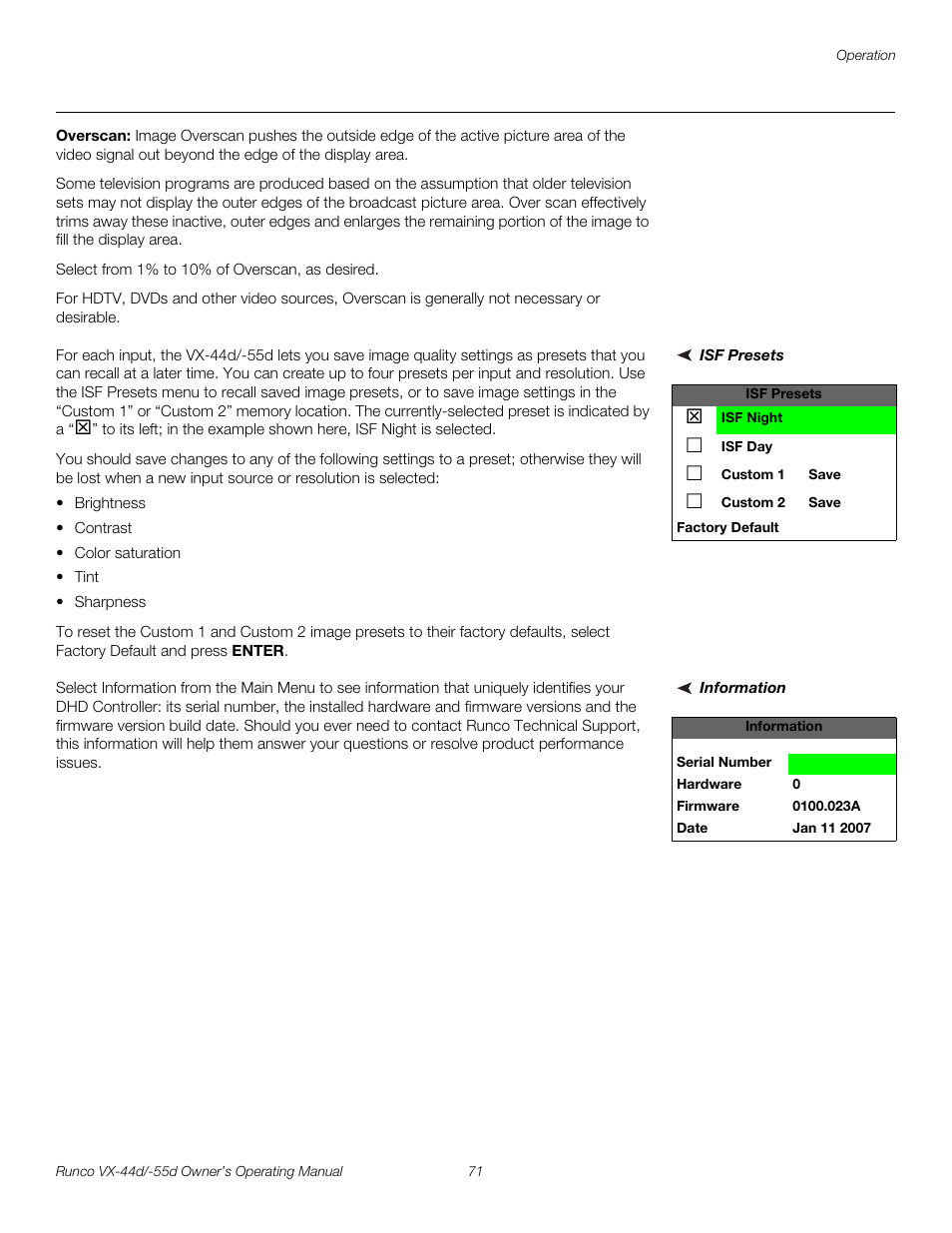 Overscan, Isf presets, Information | H 71, Pre l iminar y | Runco Video Xtreme VX-55d User Manual | Page 83 / 114