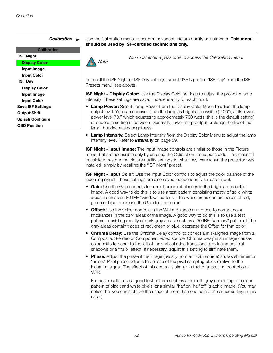 Calibration, Isf night - display color, Isf night - input image | Isf night - input color, Pre l iminar y | Runco Video Xtreme VX-55d User Manual | Page 84 / 114