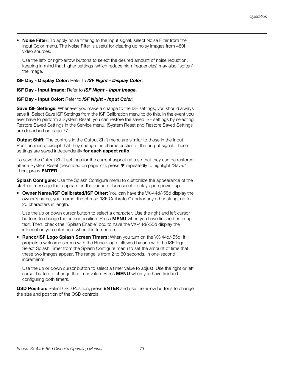 Isf day - display color, Isf day - input image, Isf day - input color | Save isf settings, Output shift, Splash configure, Osd position, Pre l iminar y | Runco Video Xtreme VX-55d User Manual | Page 85 / 114