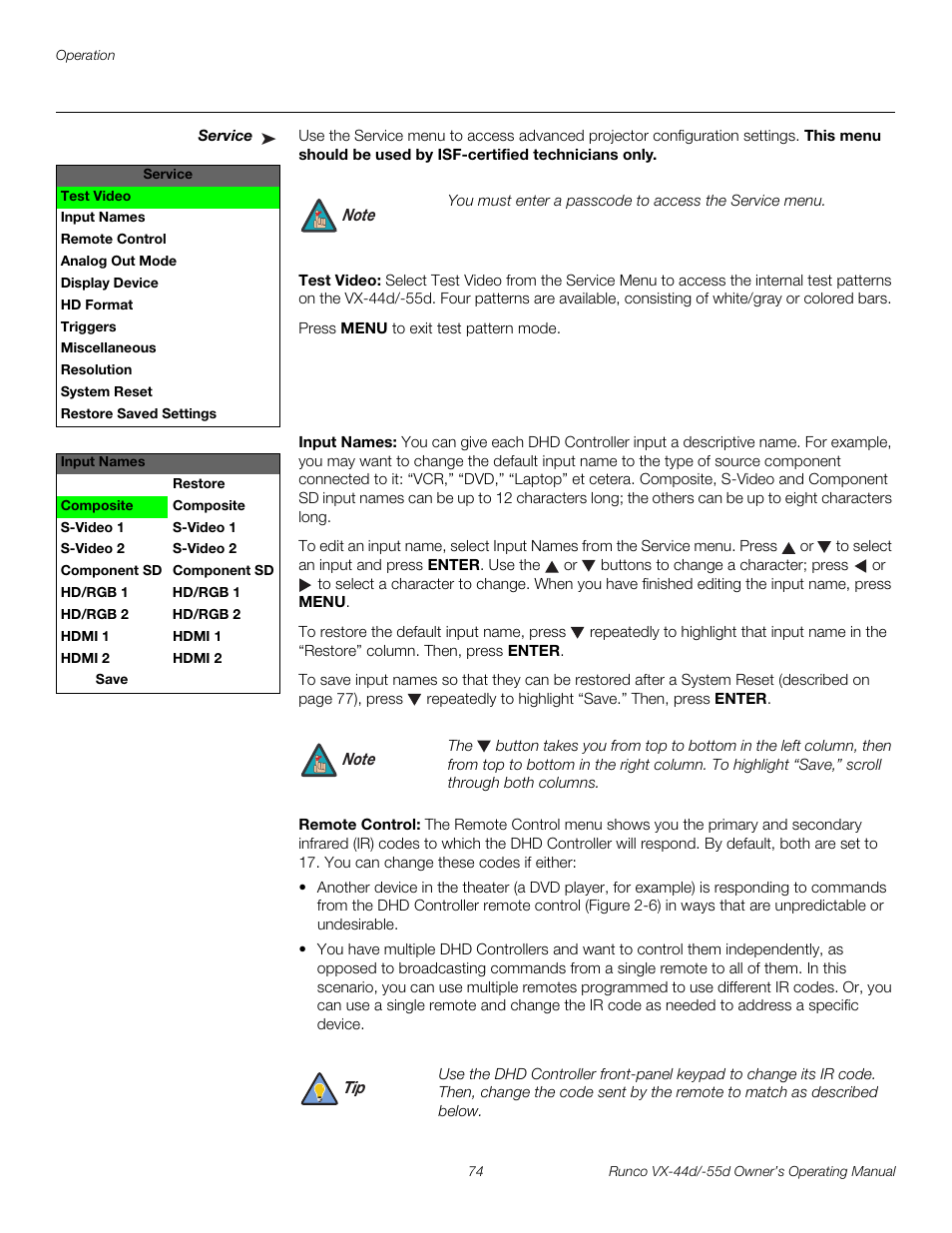 Service, Test video, Input names | Remote control, Pre l iminar y | Runco Video Xtreme VX-55d User Manual | Page 86 / 114