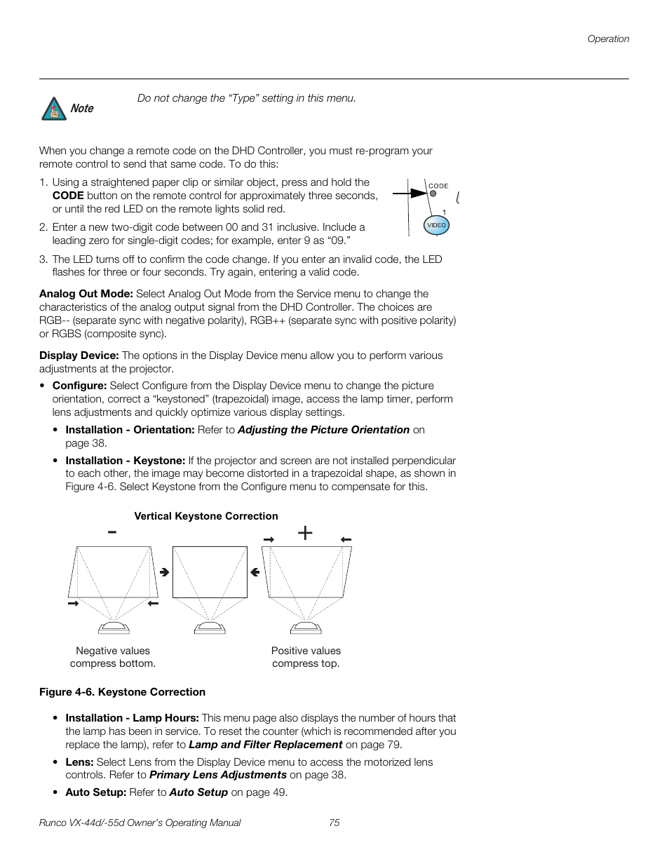 Analog out mode, Display device, Figure 4-6 . keystone correction | Pre l iminar y | Runco Video Xtreme VX-55d User Manual | Page 87 / 114