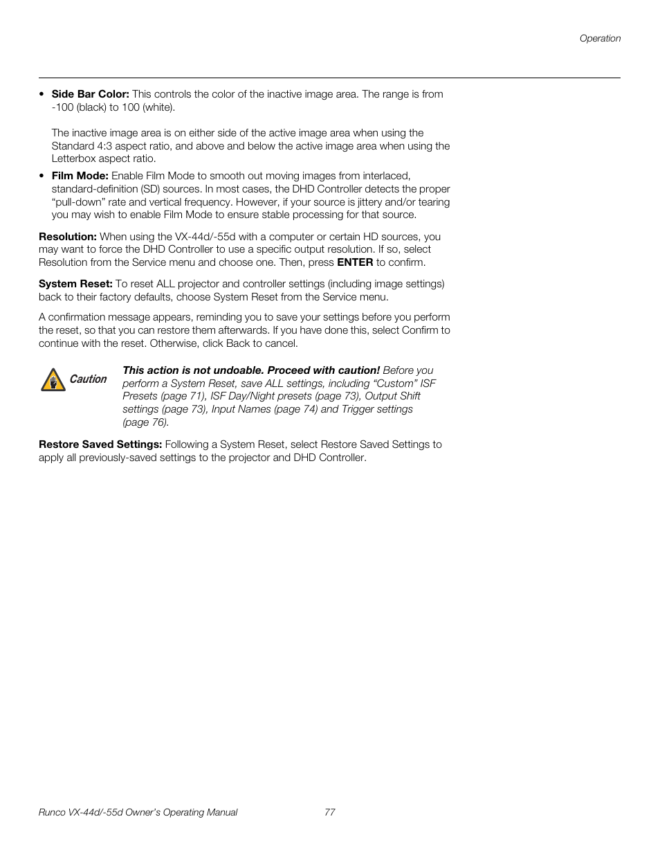 Resolution, System reset, Restore saved settings | System reset, y, Restore saved settings in t, System reset an, Pre l iminar y | Runco Video Xtreme VX-55d User Manual | Page 89 / 114