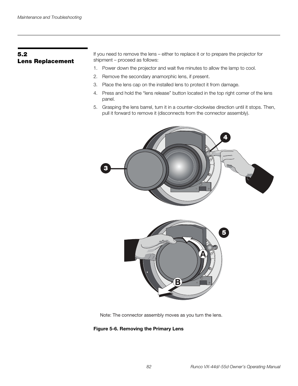 2 lens replacement, Figure 5-6 . removing the primary lens, Lens replacement | 6. removing the primary lens, Pre l iminar y | Runco Video Xtreme VX-55d User Manual | Page 94 / 114