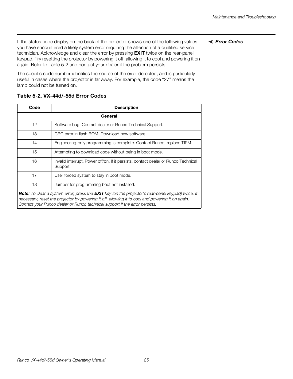 Error codes, Table 5-2 . vx-44d/-55d error codes, Pre l iminar y | Runco Video Xtreme VX-55d User Manual | Page 97 / 114