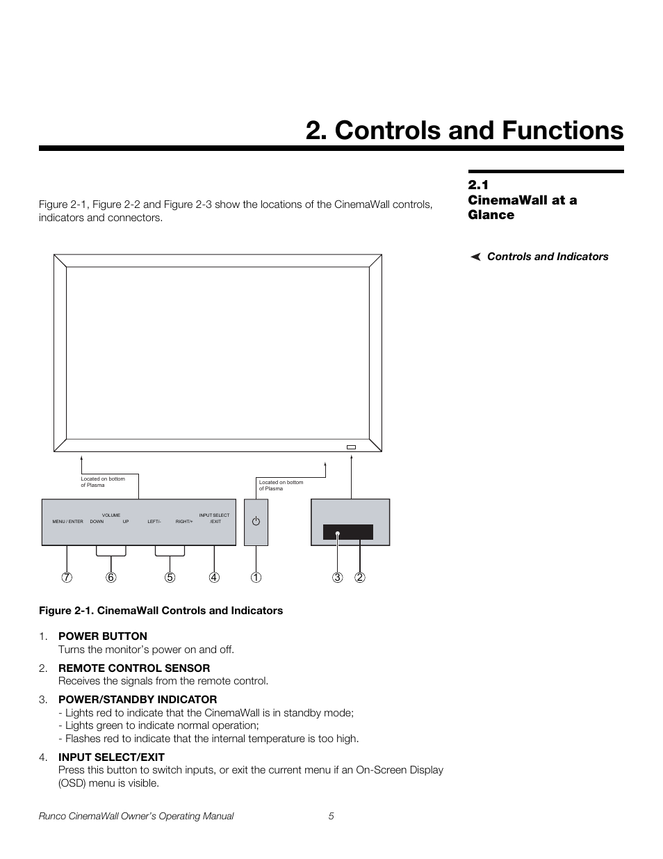 Controls and functions, 1 cinemawall at a glance, Controls and indicators | Figure 2-1 . cinemawall controls and indicators, Iminar, Cinemawall at a glance, 1. cinemawall controls and indicators, Pre l iminar y | Runco CINEMAWALL CW-61 User Manual | Page 15 / 66