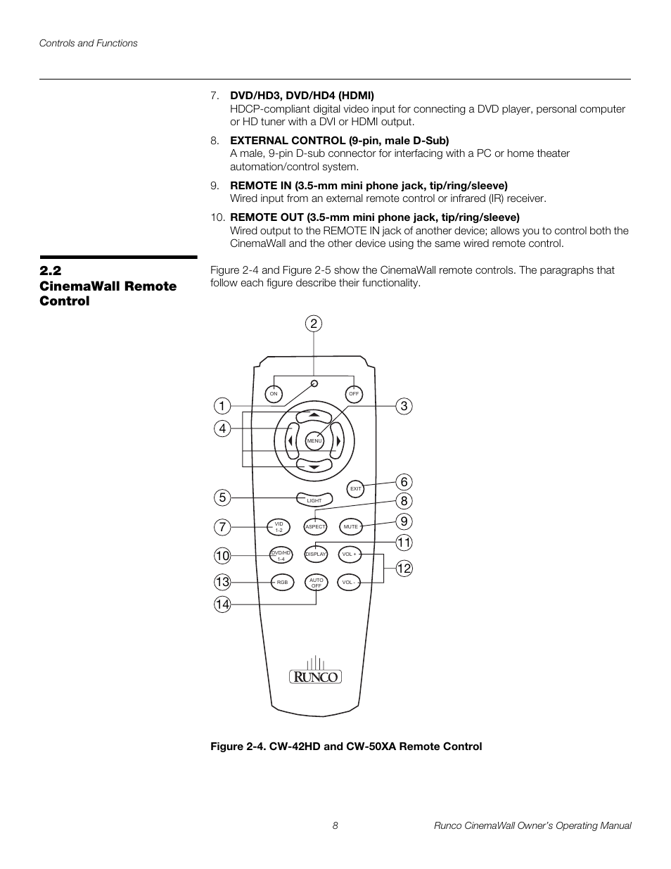 2 cinemawall remote control, Figure 2-4 . cw-42hd and cw-50xa remote control, Cinemawall remote control | 4. cw-42hd and cw-50xa remote control, Pre l iminar y | Runco CINEMAWALL CW-61 User Manual | Page 18 / 66