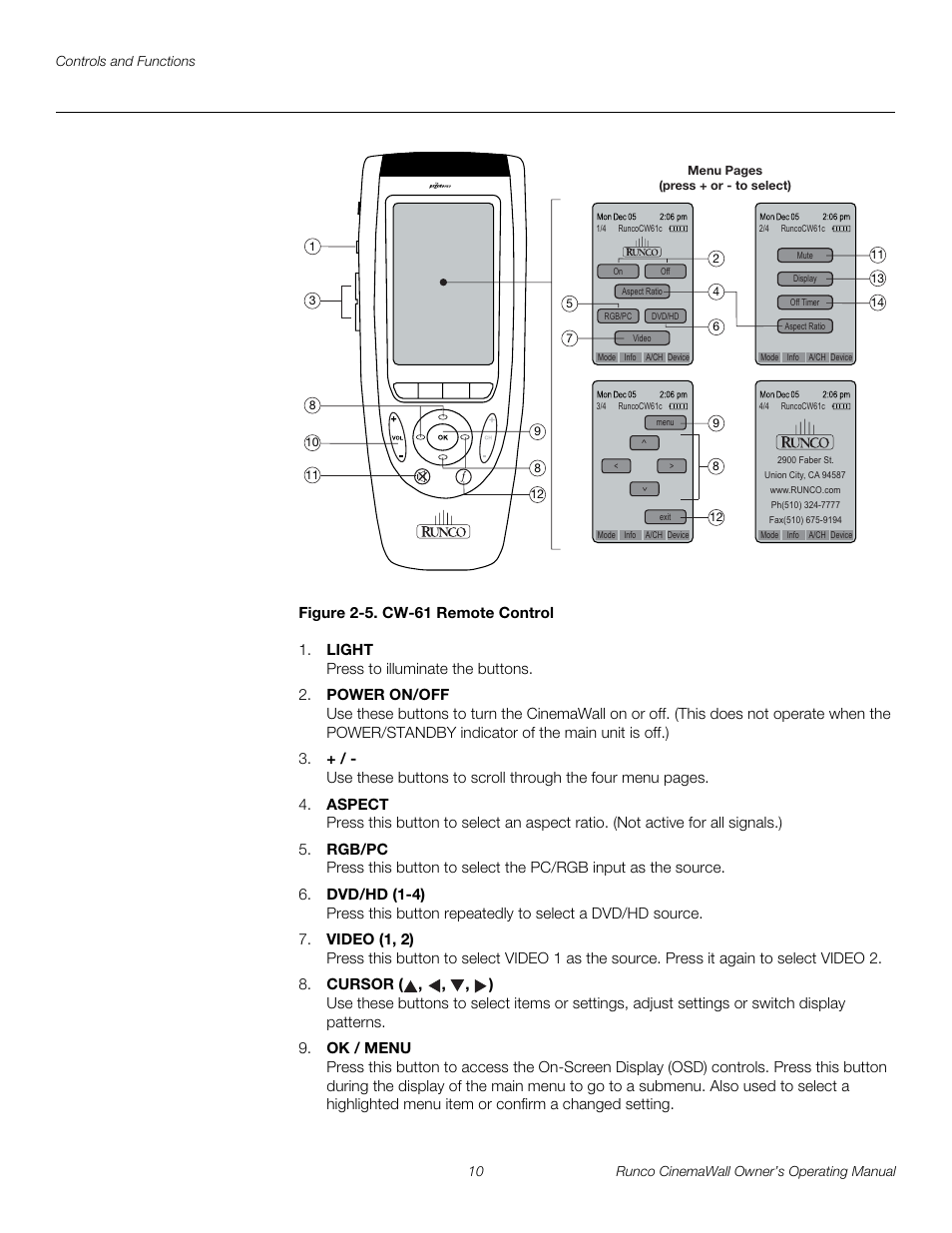 Figure 2-5 . cw-61 remote control, 5. cw-61 remote control, Pre l iminar y | Runco CINEMAWALL CW-61 User Manual | Page 20 / 66