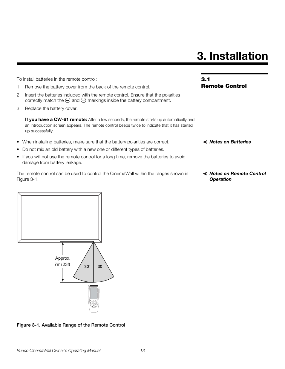 Installation, 1 remote control, Notes on batteries | Notes on remote control operation, Figure 3-1 . available range of the remote control, Remote control, 1. available range of the remote control, Pre l iminar y | Runco CINEMAWALL CW-61 User Manual | Page 23 / 66