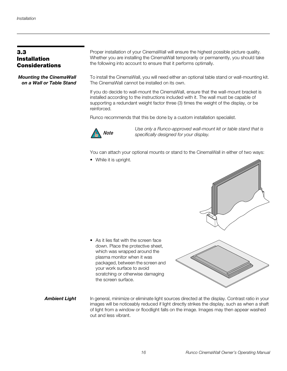 3 installation considerations, Mounting the cinemawall on a wall or table stand, Ambient light | Installation considerations, Pre l iminar y | Runco CINEMAWALL CW-61 User Manual | Page 26 / 66