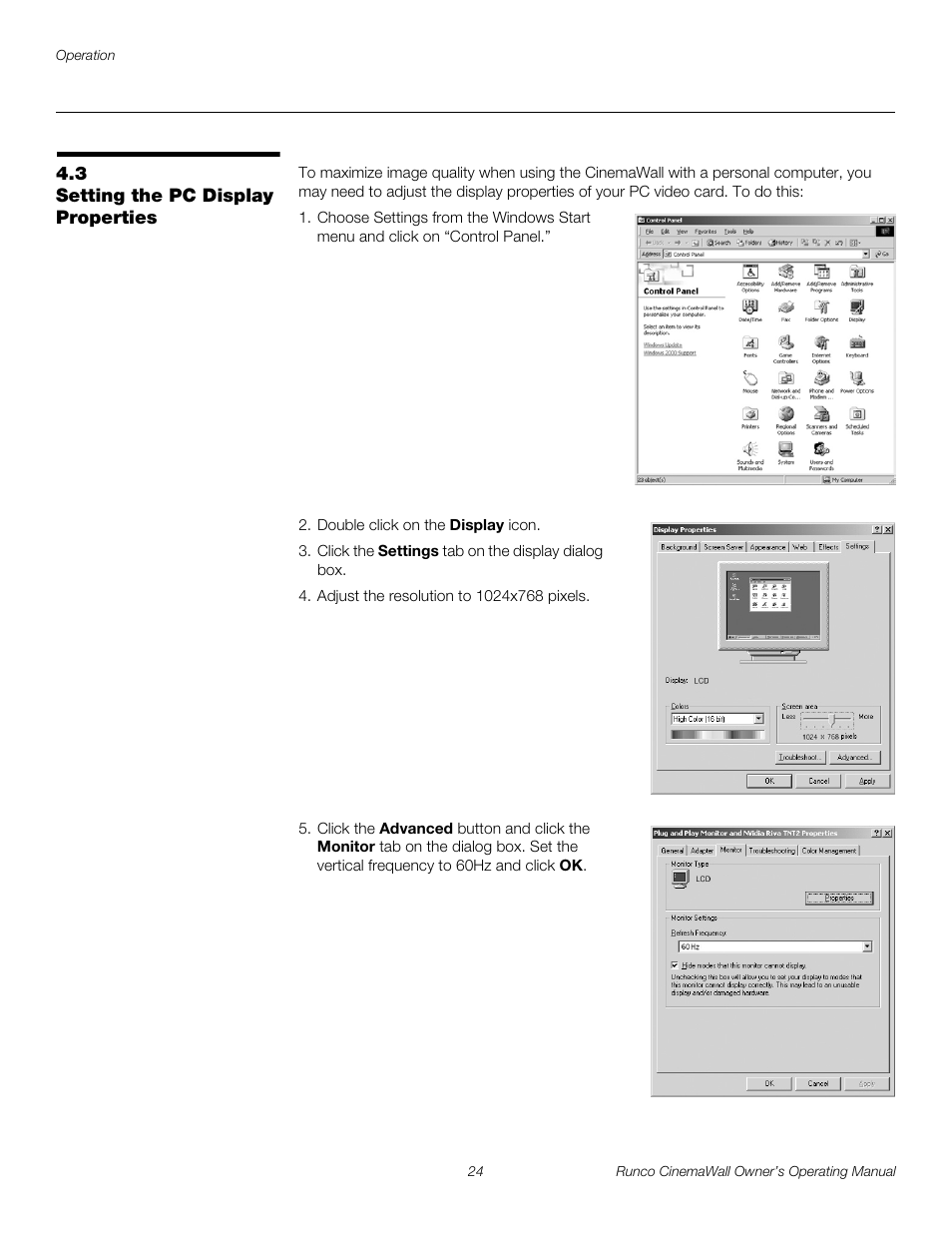 3 setting the pc display properties, Setting the pc display properties, Pre l iminar y | Runco CINEMAWALL CW-61 User Manual | Page 34 / 66