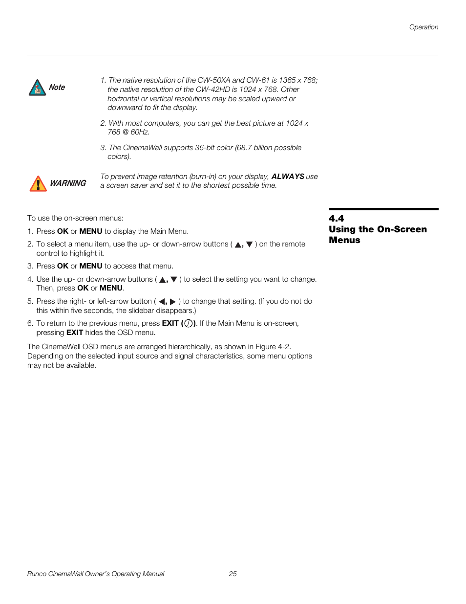 4 using the on-screen menus, Using the on-screen menus, Pre l iminar y | Runco CINEMAWALL CW-61 User Manual | Page 35 / 66