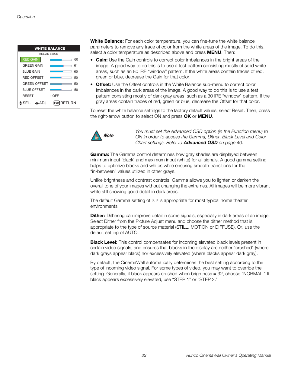 White balance, Gamma, Dither | Black level, Pre l iminar y | Runco CINEMAWALL CW-61 User Manual | Page 42 / 66