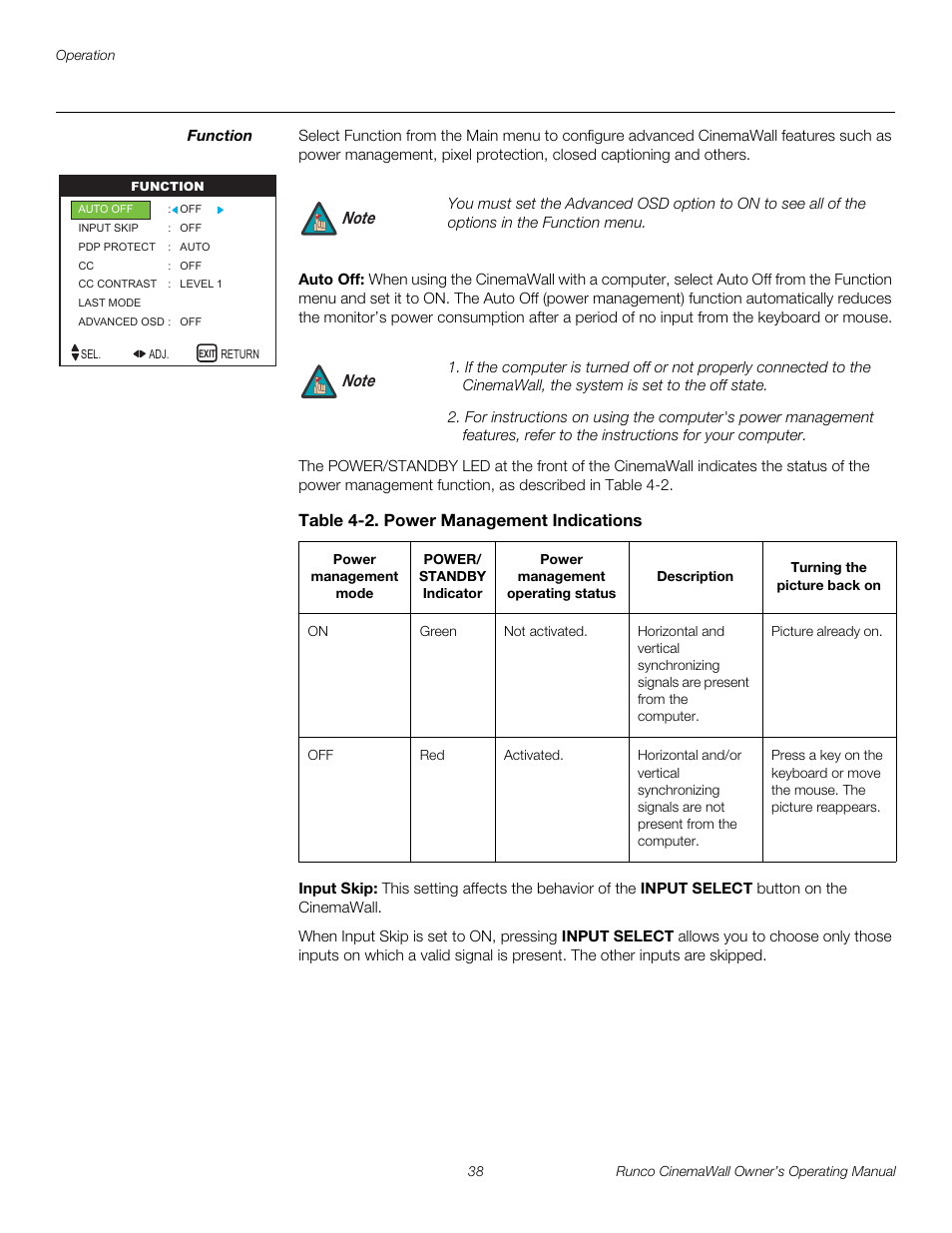 Function, Auto off, Table 4-2 . power management indications | Input skip, Pre l iminar y | Runco CINEMAWALL CW-61 User Manual | Page 48 / 66