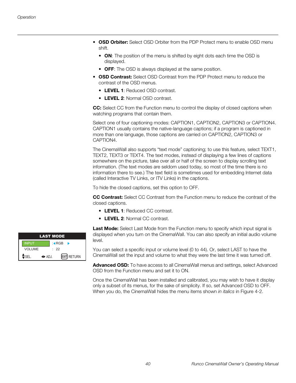 Cc contrast, Last mode, Advanced osd | Pre l iminar y | Runco CINEMAWALL CW-61 User Manual | Page 50 / 66