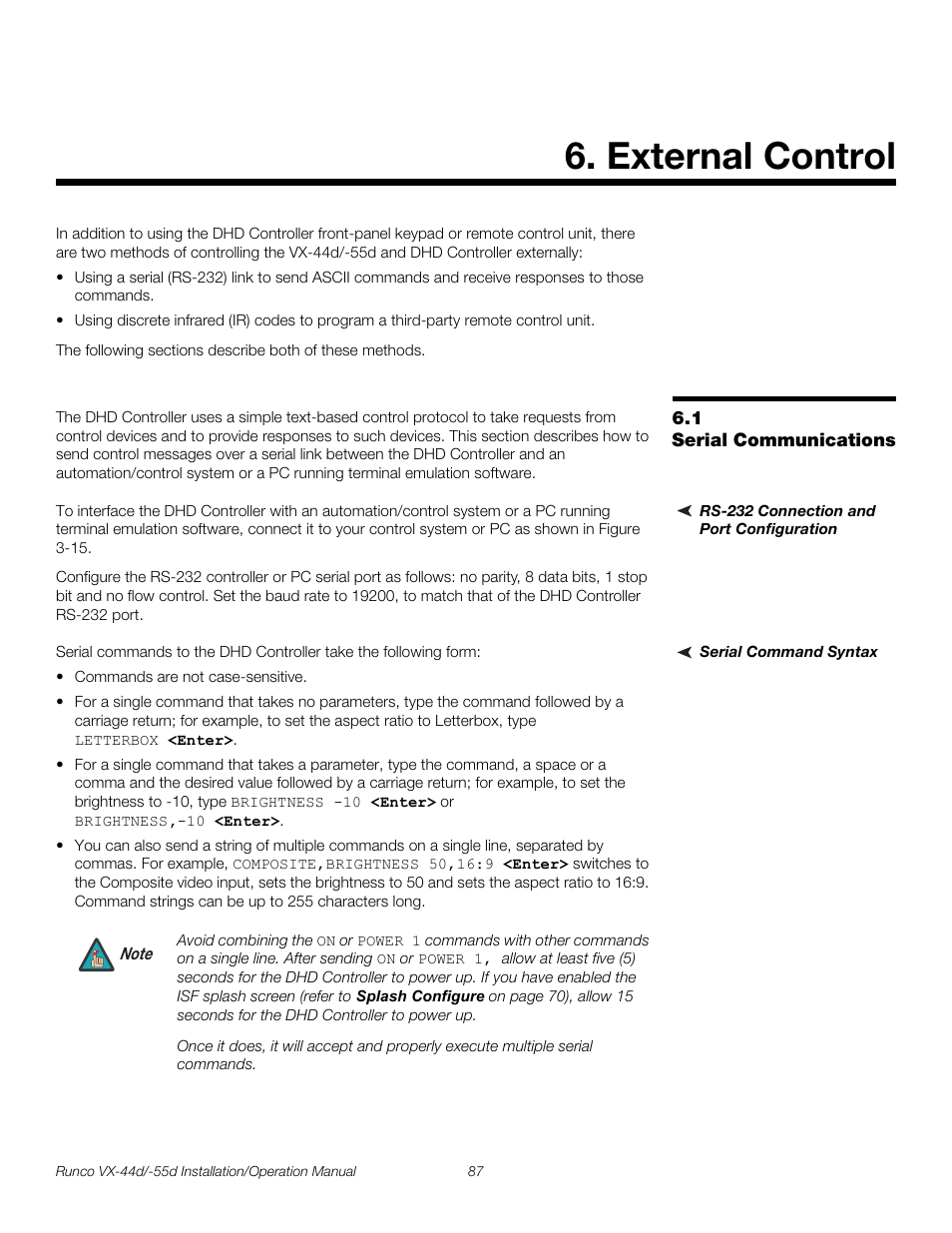 External control, 1 serial communications, Rs-232 connection and port configuration | Serial command syntax, Serial communications, Pre l iminar y | Runco VX-44D User Manual | Page 103 / 120
