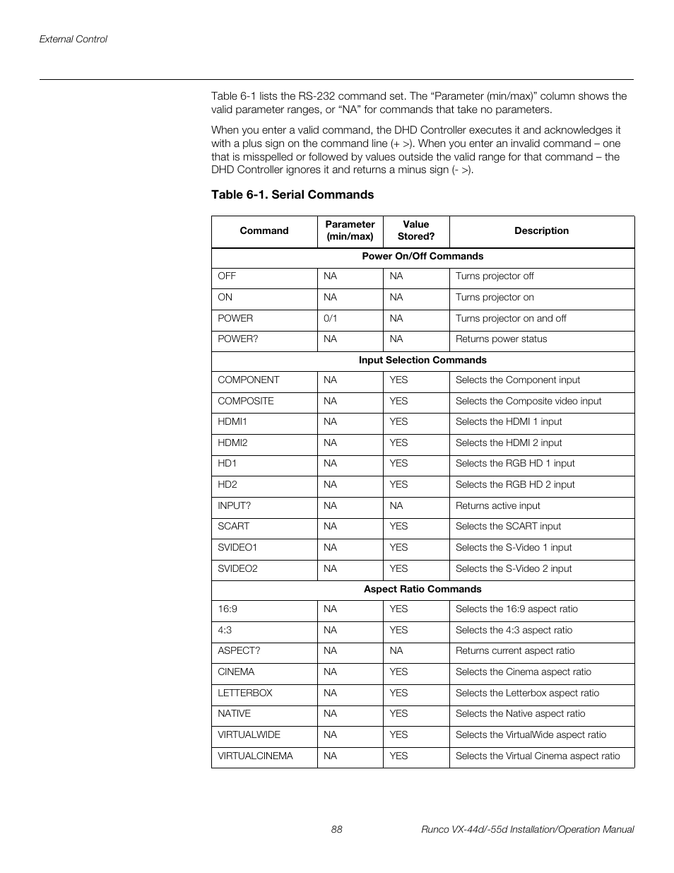 Table 6-1 . serial commands, Preli m inary | Runco VX-44D User Manual | Page 104 / 120