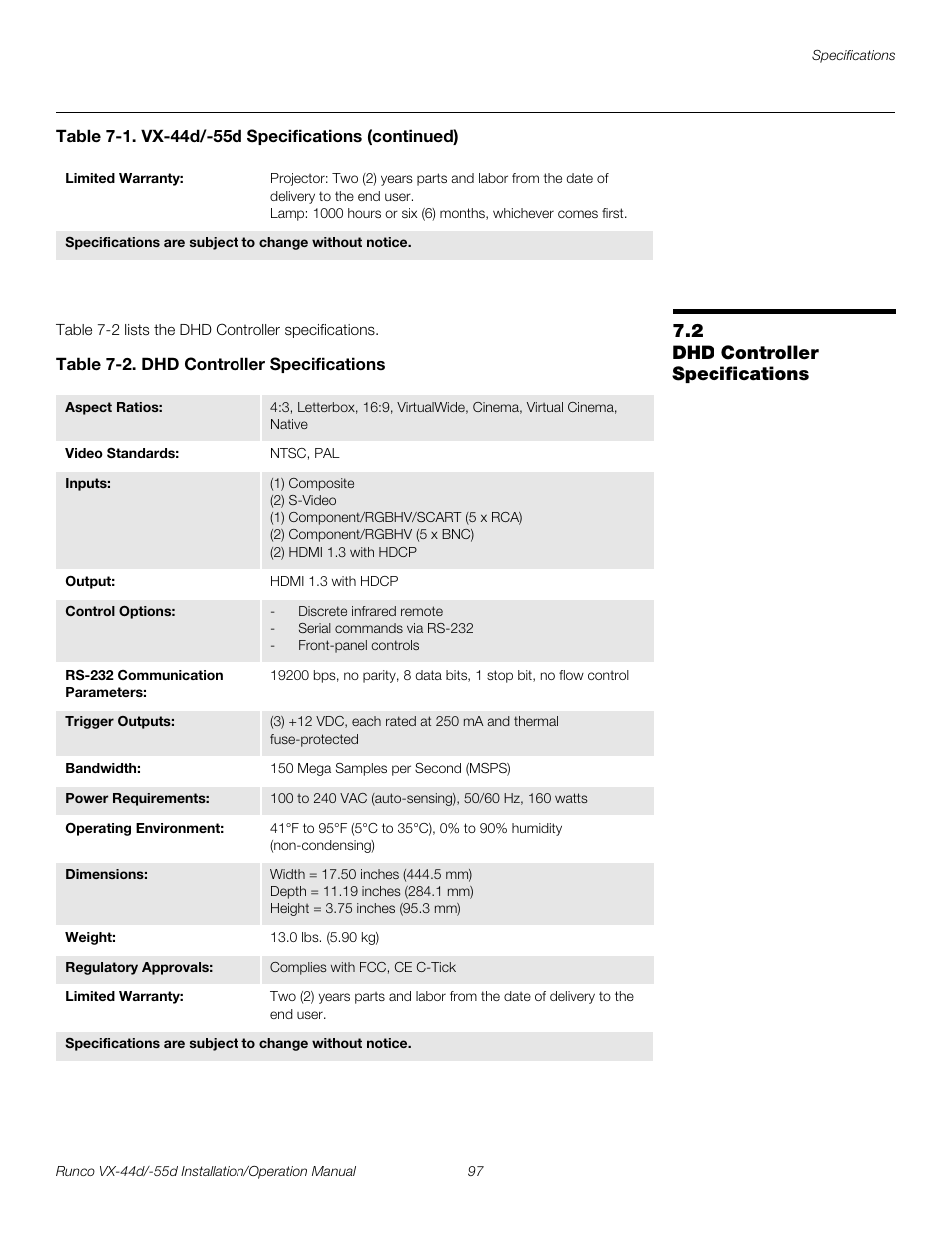 2 dhd controller specifications, Table 7-2 . dhd controller specifications, Dhd controller specifications | Table 7-2, Pre l iminar y | Runco VX-44D User Manual | Page 113 / 120