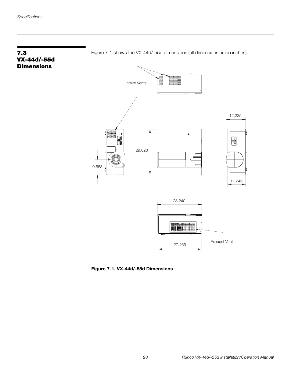 3 vx-44d/-55d dimensions, Figure 7-1 . vx-44d/-55d dimensions, Vx-44d/-55d dimensions | 1. vx-44d/-55d dimensions, Pre l iminar y | Runco VX-44D User Manual | Page 114 / 120