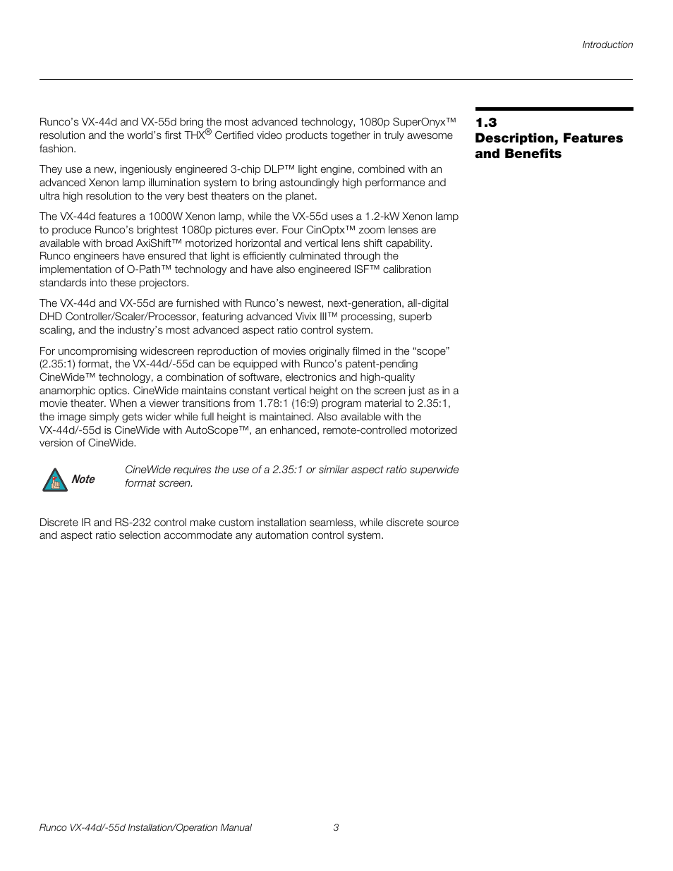 3 description, features and benefits, Description, features and benefits, Pre l iminar y | Runco VX-44D User Manual | Page 19 / 120