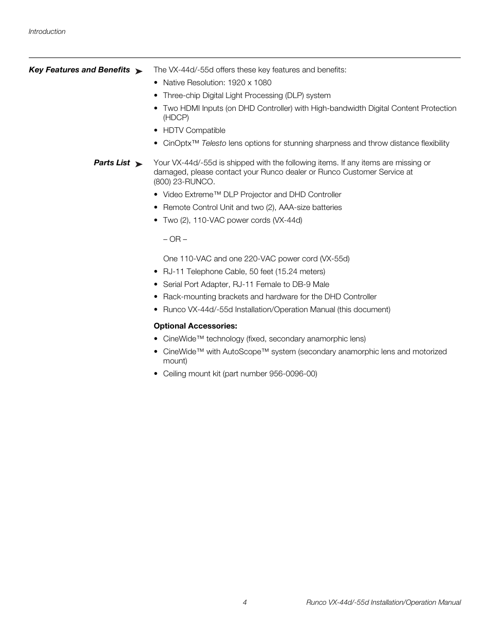 Key features and benefits, Parts list, Optional accessories | Pre l iminar y | Runco VX-44D User Manual | Page 20 / 120