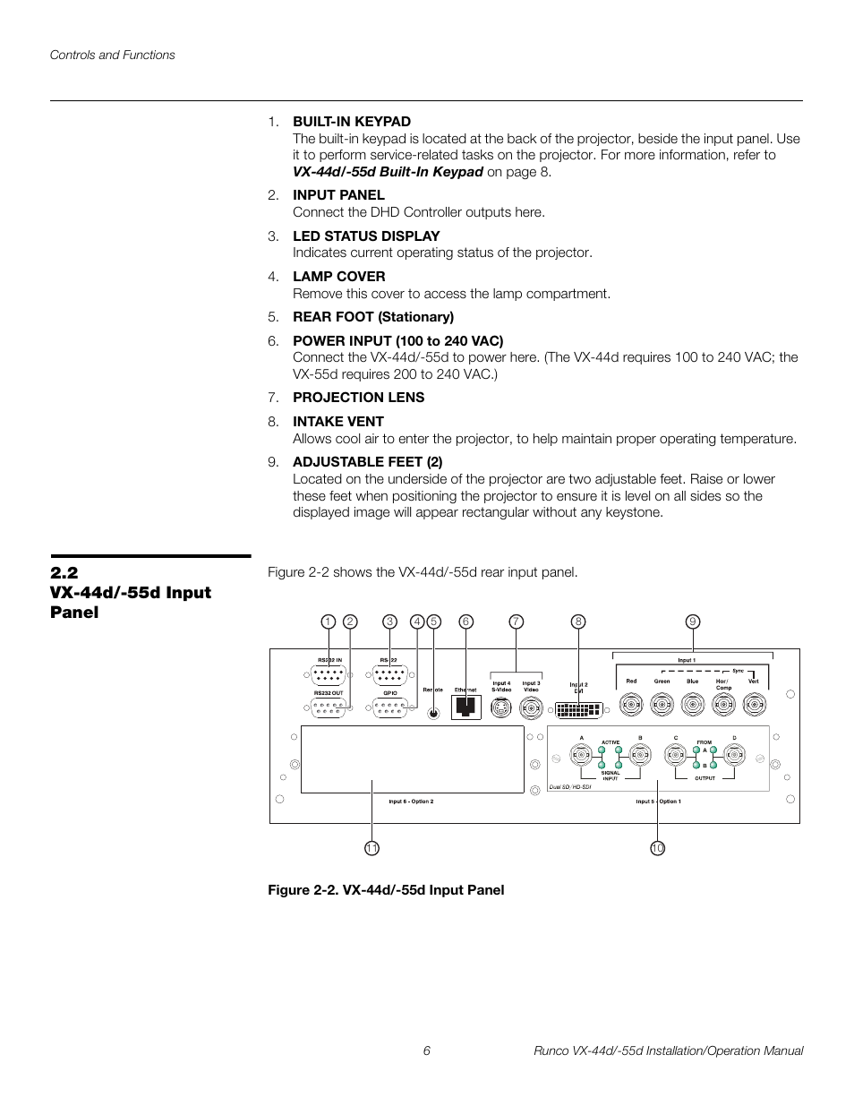 2 vx-44d/-55d input panel, Figure 2-2 . vx-44d/-55d input panel, Vx-44d/-55d input panel | 2. vx-44d/-55d input panel, Pre l iminar y | Runco VX-44D User Manual | Page 22 / 120