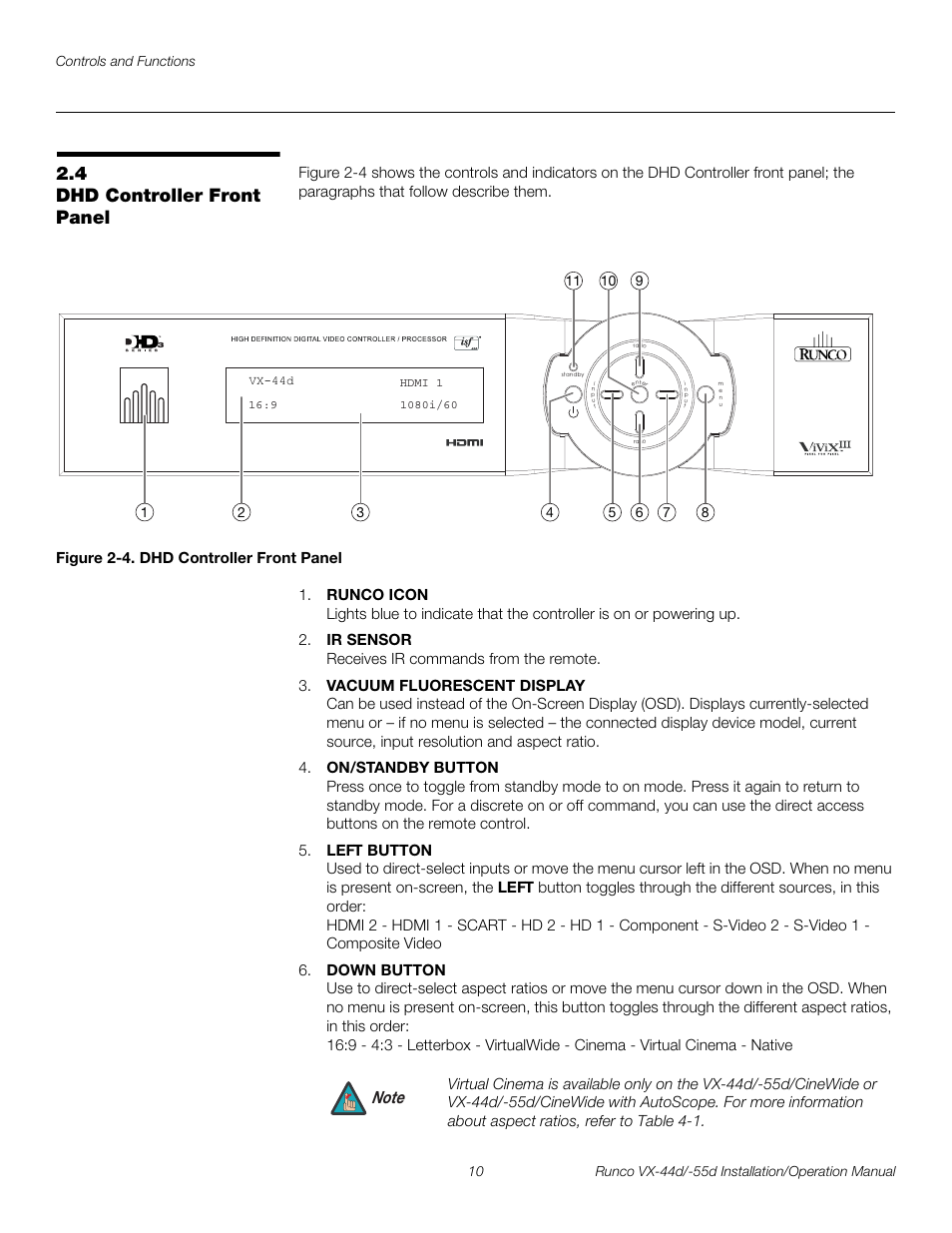 4 dhd controller front panel, Figure 2-4 . dhd controller front panel, Dhd controller front panel | 4. dhd controller front panel, Pre l iminar y | Runco VX-44D User Manual | Page 26 / 120
