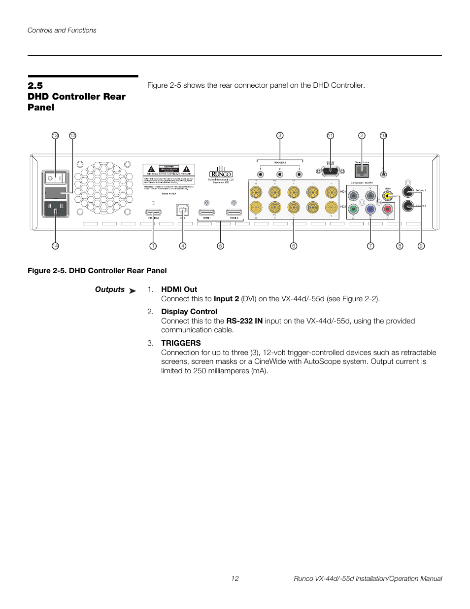 5 dhd controller rear panel, Figure 2-5 . dhd controller rear panel, Outputs | Dhd controller rear panel, 5. dhd controller rear panel, Pre l iminar y | Runco VX-44D User Manual | Page 28 / 120