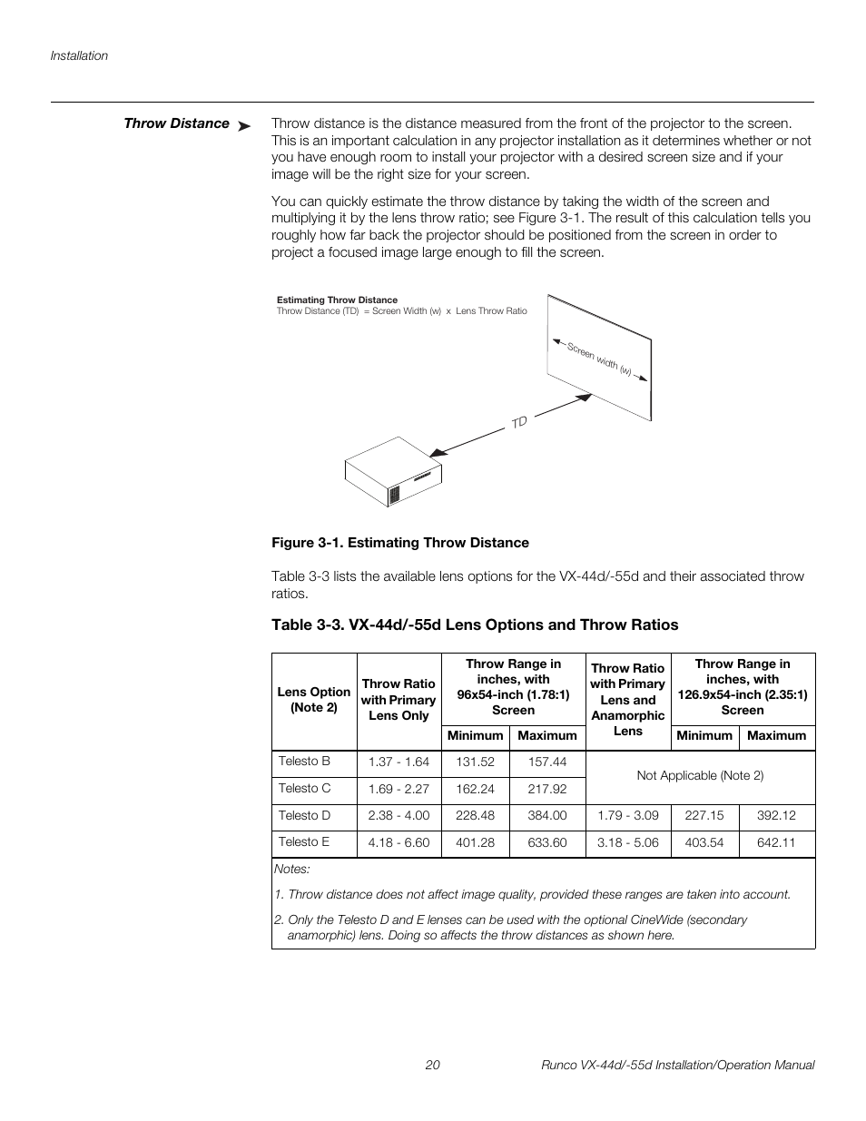 Throw distance, Figure 3-1 . estimating throw distance, 1. estimating throw distance | Pre l iminar y | Runco VX-44D User Manual | Page 36 / 120