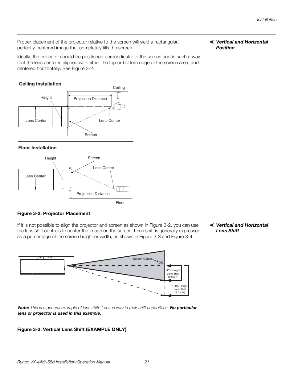 Vertical and horizontal position, Figure 3-2 . projector placement, Vertical and horizontal lens shift | Figure 3-3 . vertical lens shift (example only), 2. projector placement, 3. vertical lens shift (example only), Pre l iminar y | Runco VX-44D User Manual | Page 37 / 120