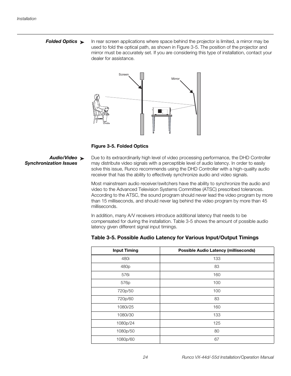 Folded optics, Figure 3-5 . folded optics, Audio/video synchronization issues | 5. folded optics, Pre l iminar y | Runco VX-44D User Manual | Page 40 / 120