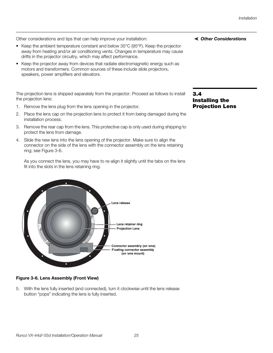Other considerations, 4 installing the projection lens, Figure 3-6 . lens assembly (front view) | Installing the projection lens, 6. lens assembly (front view), Pre l iminar y | Runco VX-44D User Manual | Page 41 / 120