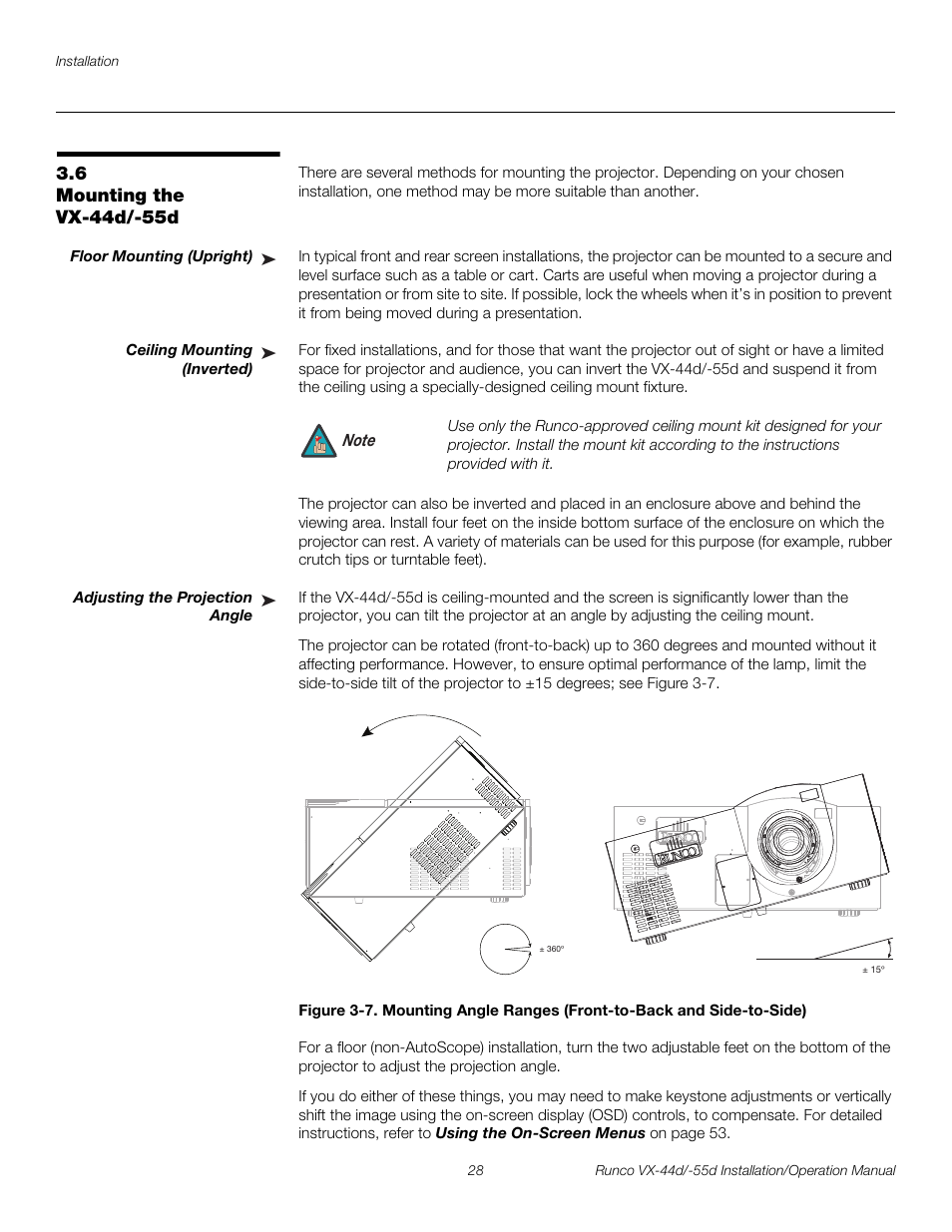 6 mounting the vx-44d/-55d, Floor mounting (upright), Ceiling mounting (inverted) | Adjusting the projection angle, Mounting the vx-44d/-55d, Pre l iminar y | Runco VX-44D User Manual | Page 44 / 120