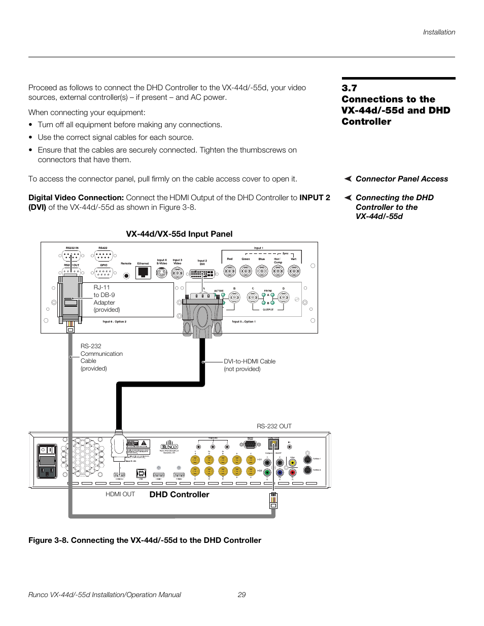 Connector panel access, Connecting the dhd controller to the vx-44d/-55d, Digital video connection | Connections to the vx-44d/-55d and dhd controller, Iminar, Pre l iminar y | Runco VX-44D User Manual | Page 45 / 120