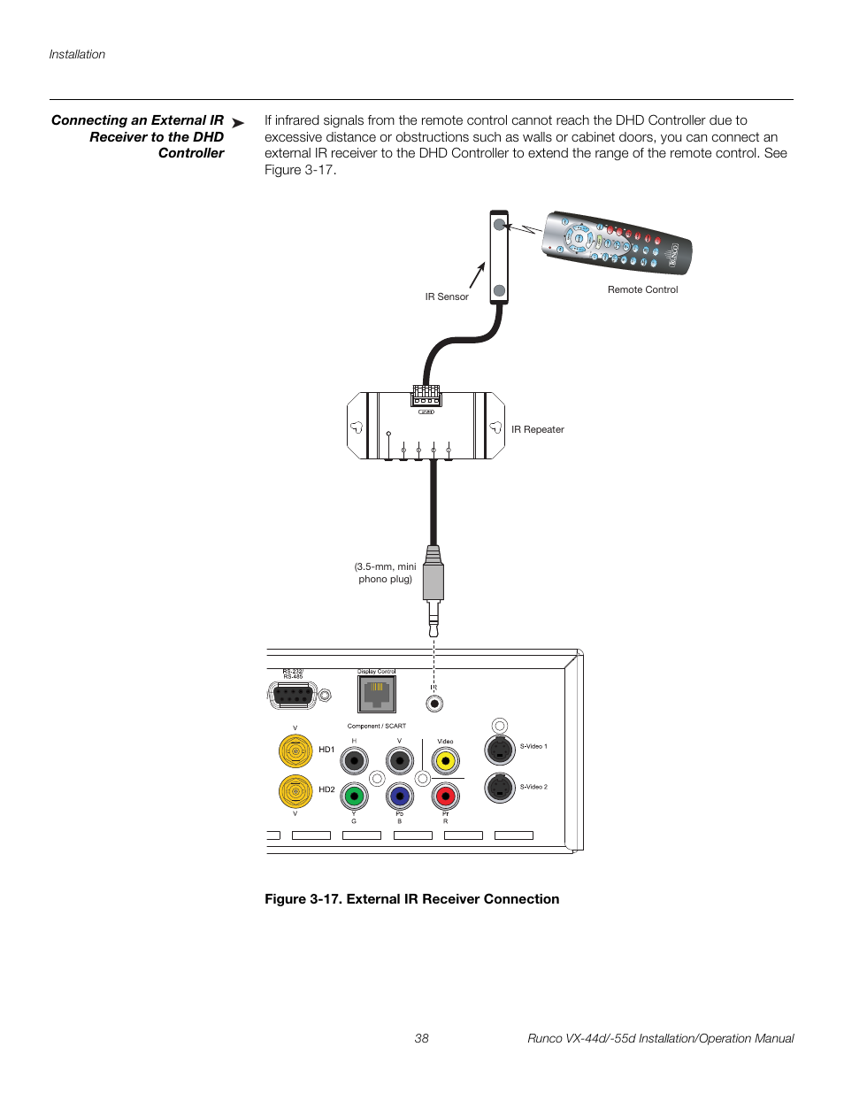 Figure 3-17 . external ir receiver connection, 17. external ir receiver connection, Pre l iminar y | Runco VX-44D User Manual | Page 54 / 120