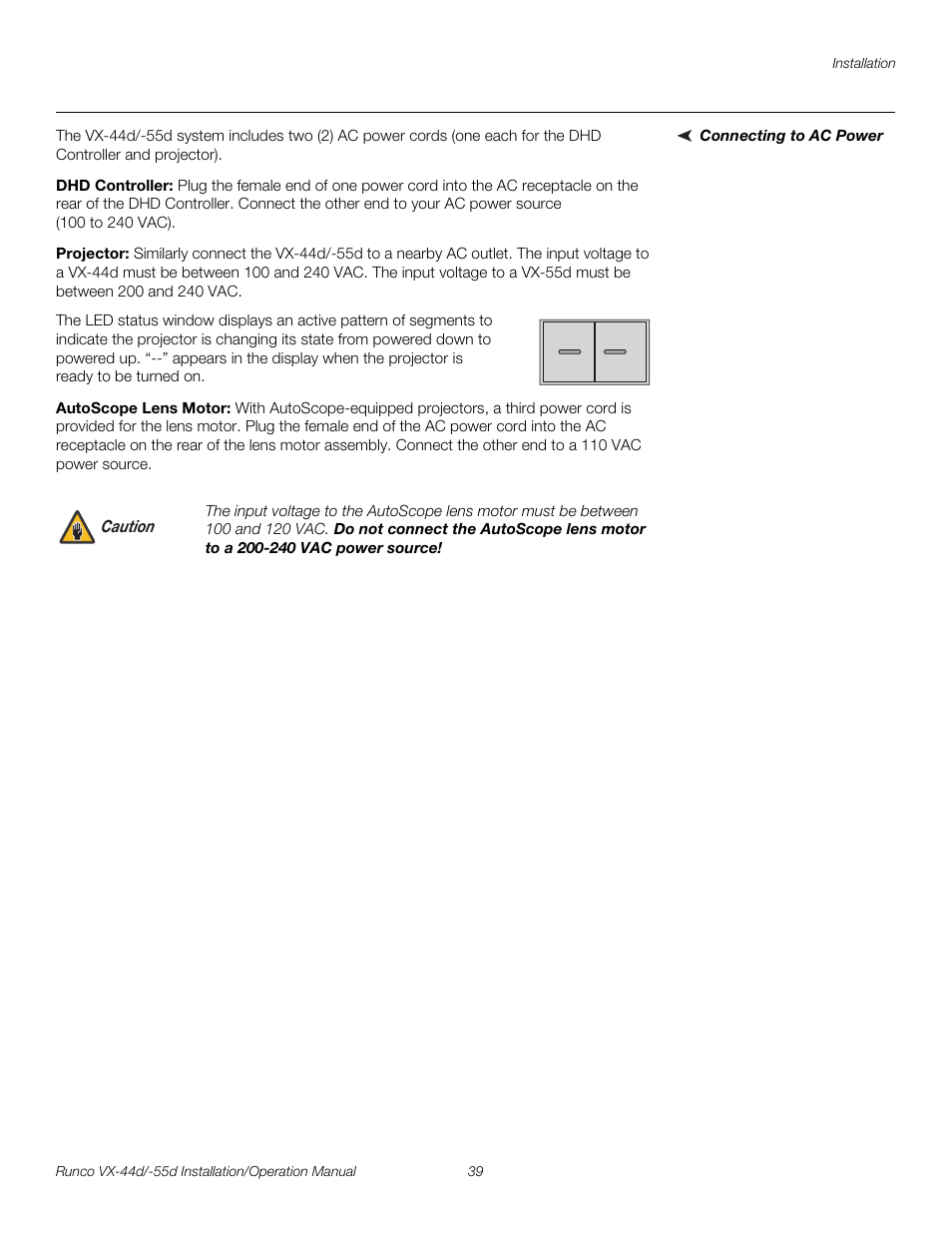 Connecting to ac power, Dhd controller, Projector | Autoscope lens motor, Pre l iminar y | Runco VX-44D User Manual | Page 55 / 120
