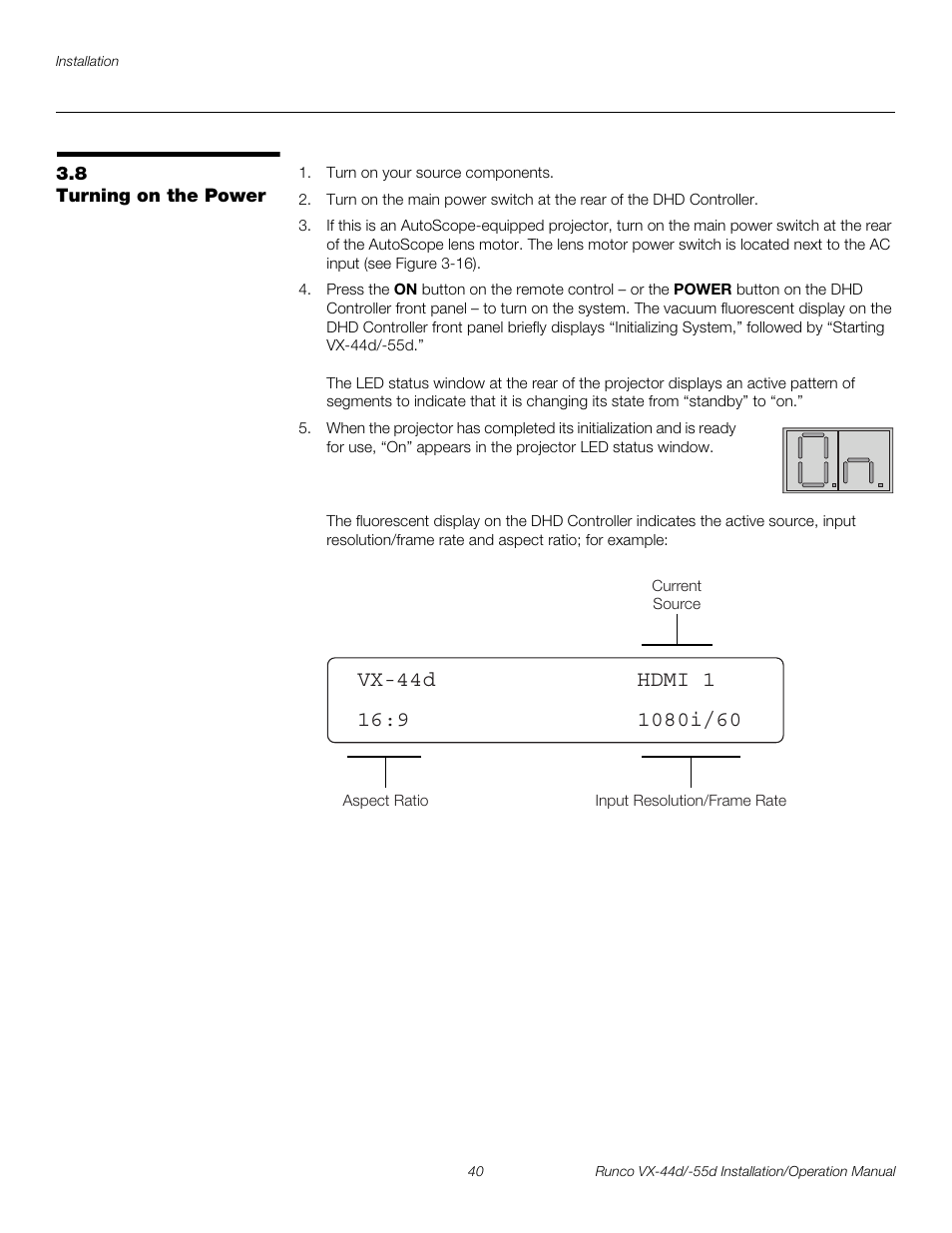 8 turning on the power, Turning on the power, Pre l iminar y | Runco VX-44D User Manual | Page 56 / 120
