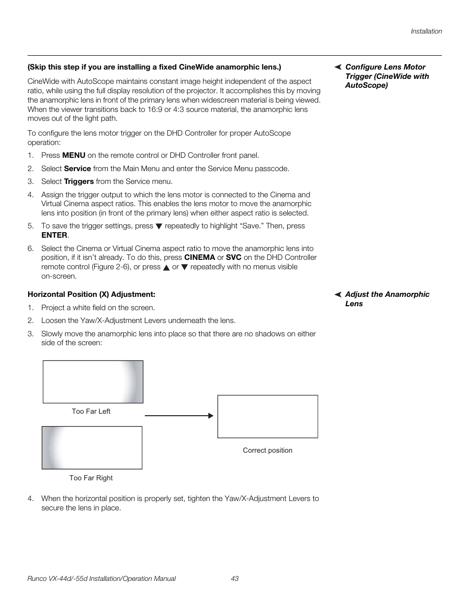 Adjust the anamorphic lens, Horizontal position (x) adjustment, Pre l iminar y | Runco VX-44D User Manual | Page 59 / 120