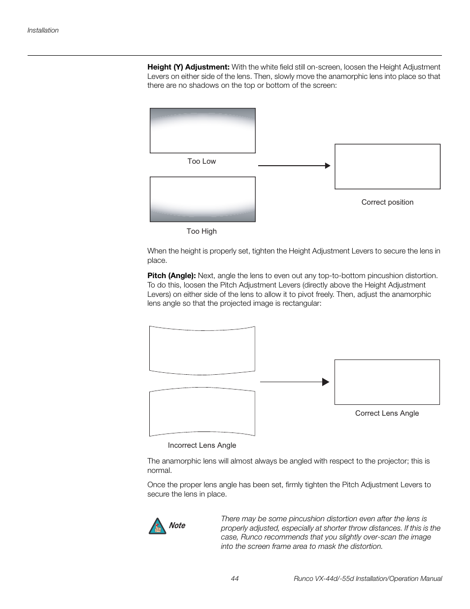 Height (y) adjustment, Pitch (angle), Pre l iminar y | Runco VX-44D User Manual | Page 60 / 120
