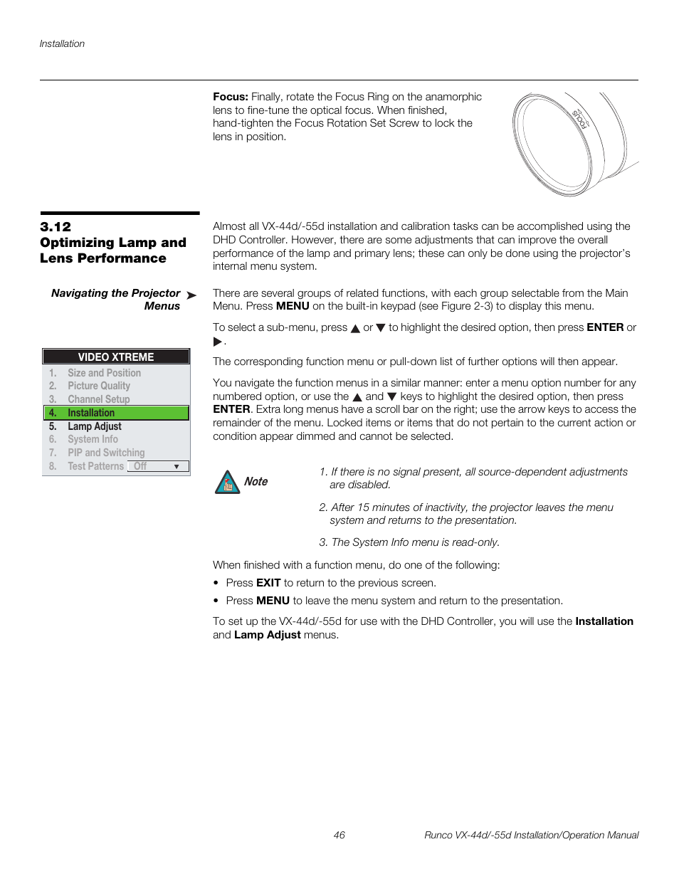 Focus, 12 optimizing lamp and lens performance, Navigating the projector menus | Optimizing lamp and lens performance, Pre l iminar y | Runco VX-44D User Manual | Page 62 / 120