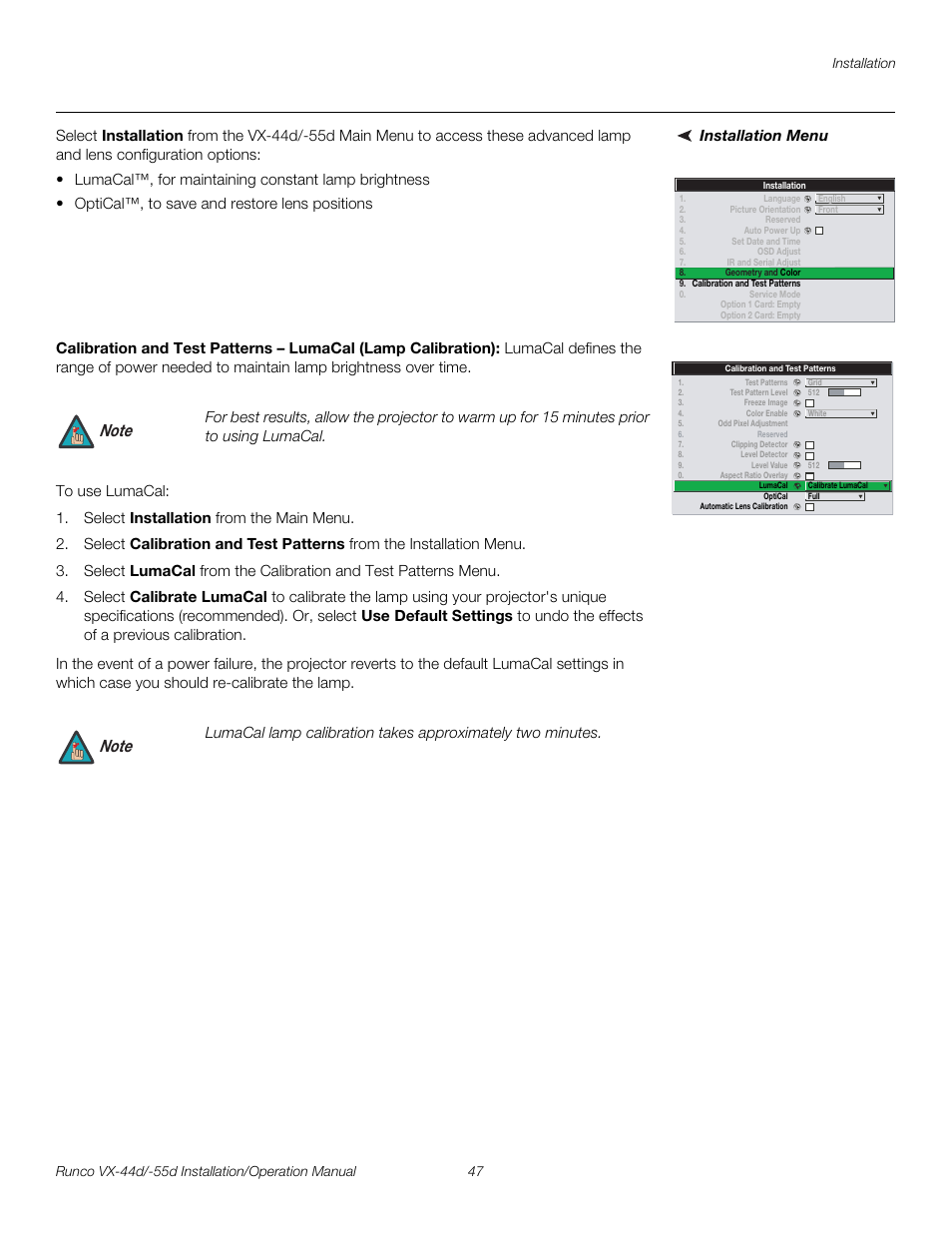 Installation menu, Pre l iminar y | Runco VX-44D User Manual | Page 63 / 120