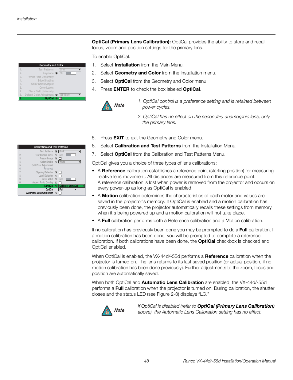 Optical (primary lens calibration), Pre l iminar y | Runco VX-44D User Manual | Page 64 / 120